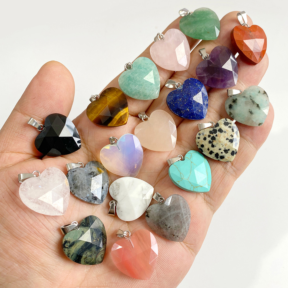 Crystal Pendant Necklace Natural Stone - Pendentif cœur à facettes de 20mm,