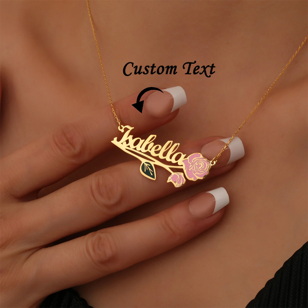 Custom Name Necklace Stainless Steel - Collier personnalisé avec fleur de naissance