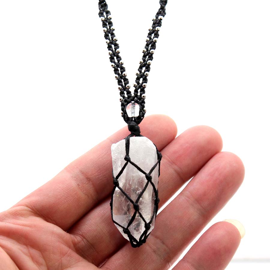 Crystal Pendant Necklace Natural Stone - Collier pendentif en pierre tressée macramé