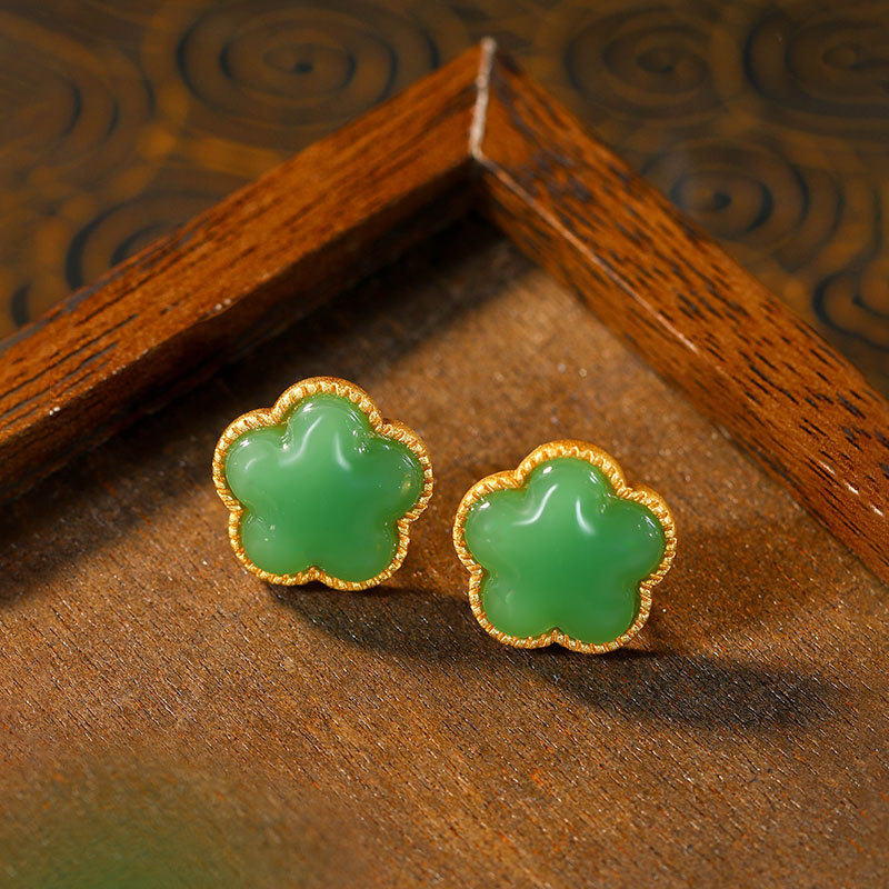 Earrings - Boucles d'oreilles trèfle en Jade naturel