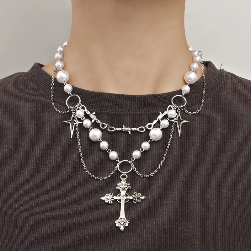 Collier pendentif croix Punk,  - Pearl Choker Necklace Vintage avis et prix