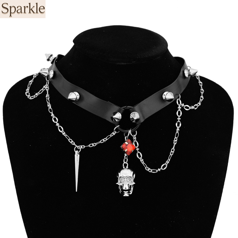 Tour de cou en cuir de crâne f - Goth Punk Spike Choker avis et prix